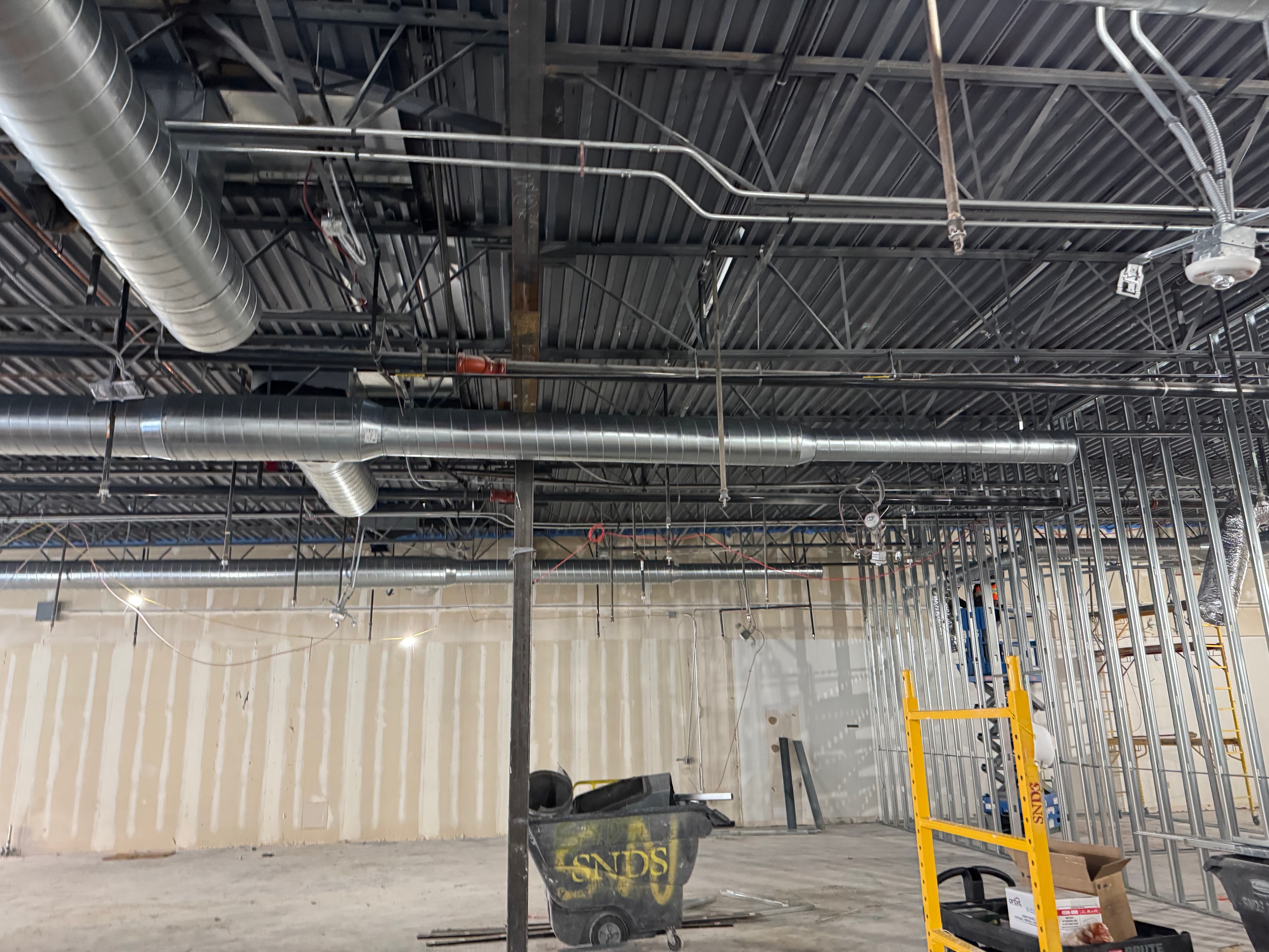 Painted exposed ceiling — track lighting coordination